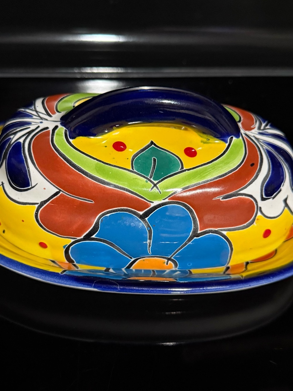 Hand-Painted Yellow Floral Ceramic Butter Dish - Vibrant Talavera Style